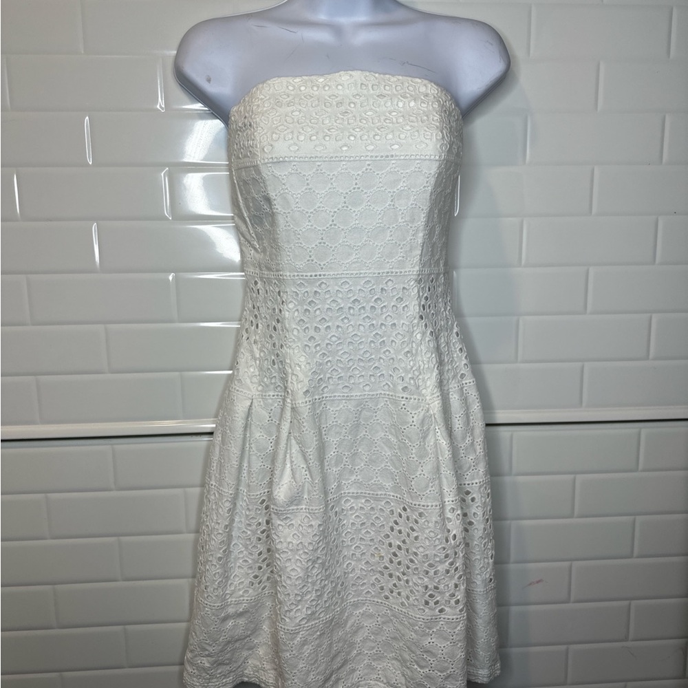New York & Company Strapless Lace Dress in White